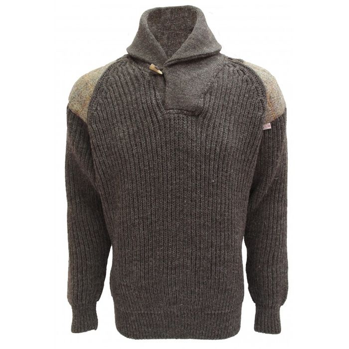 British Wool Byreman - Chunky knit Shawl Collar Sweater with Harris Tweed patches